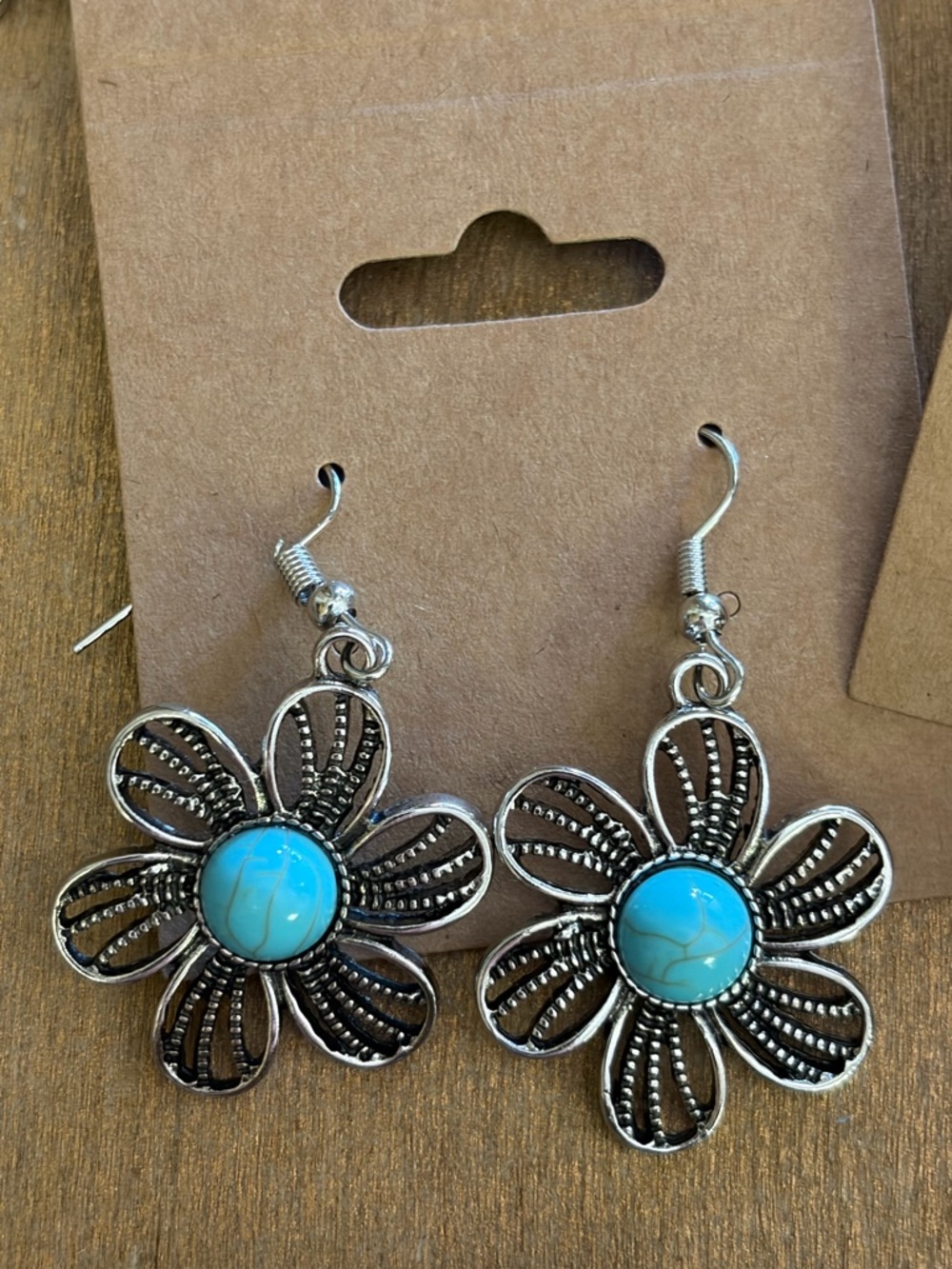 Silver Floral Drop Earrings with Turquoise Center
